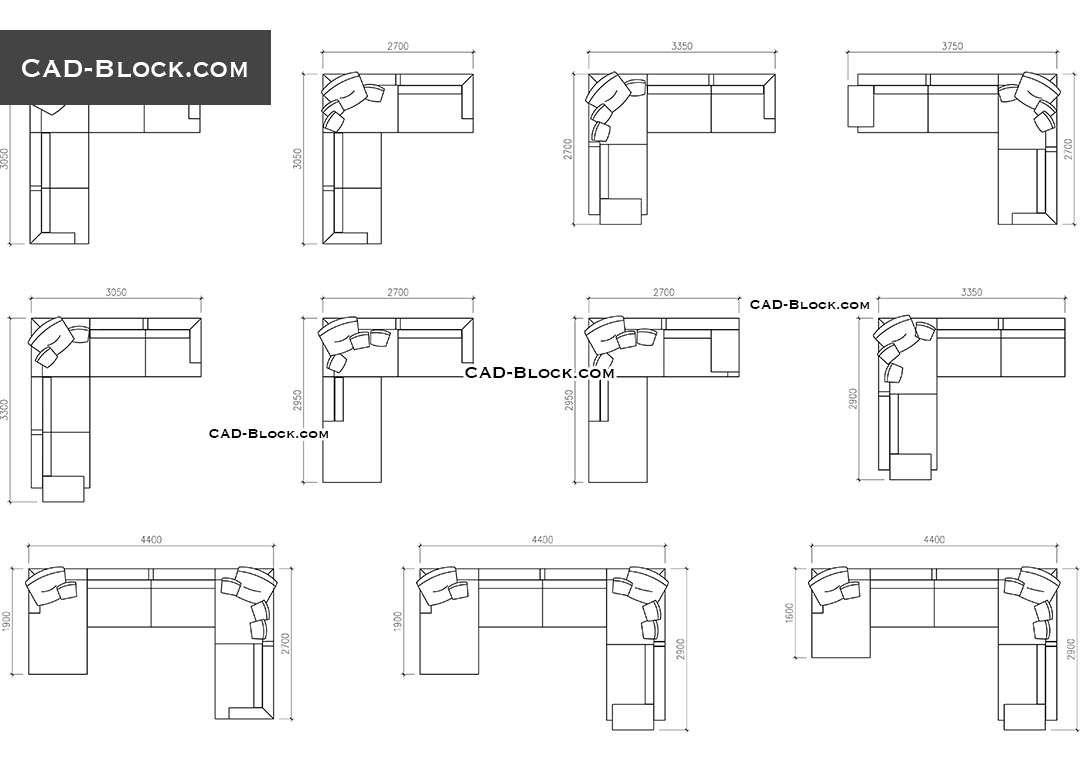 Sofas in plan with dimensions - CAD Blocks, AutoCAD file