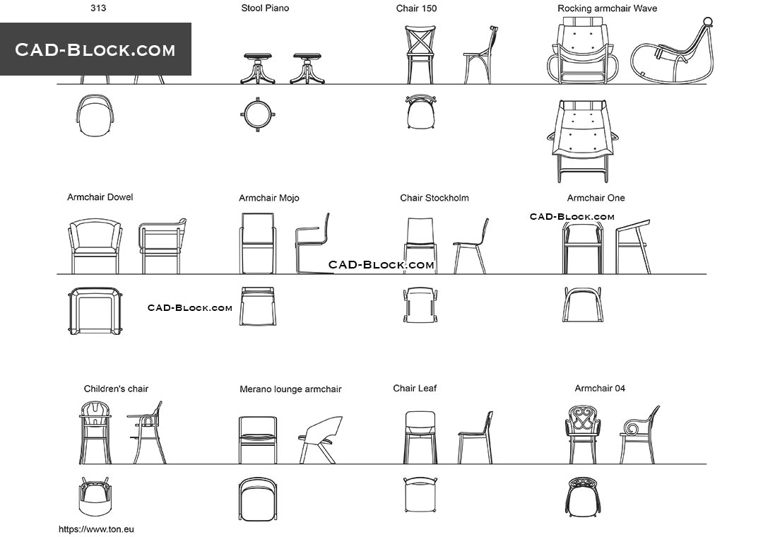 Chairs and Armchairs CAD blocks, 2D AutoCAD models