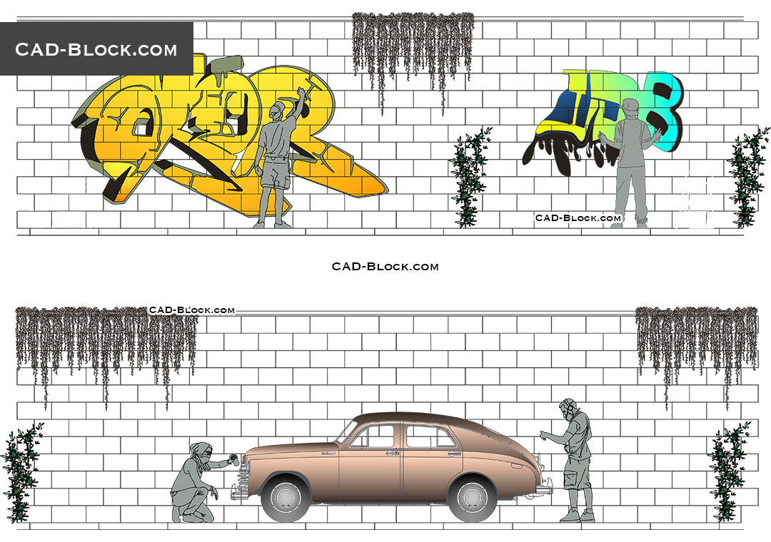 CAD blocks, AutoCAD file, street artists, graffiti, retro car, plants, brick wall, outdoor design.