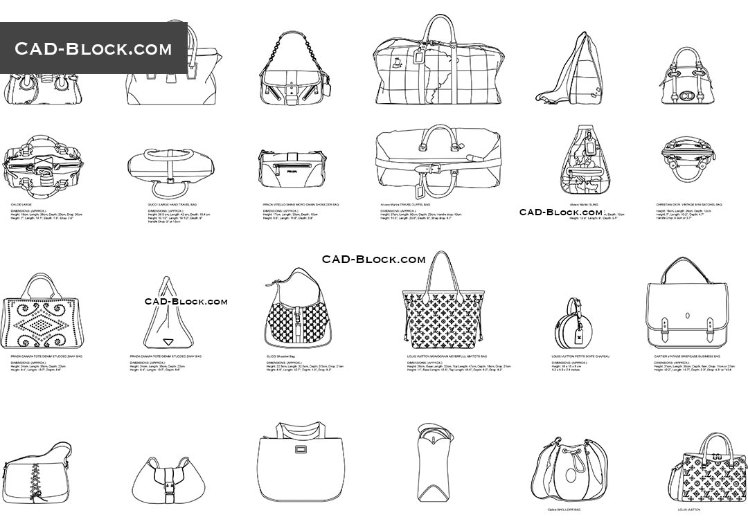 Premium CAD Blocks of the bags: CHLOE, GUCCI, PRADA, ALVIERO MARTINI, CHRISTIAN DIOR, LOUIS VUITTON, CARTIER, CELINE