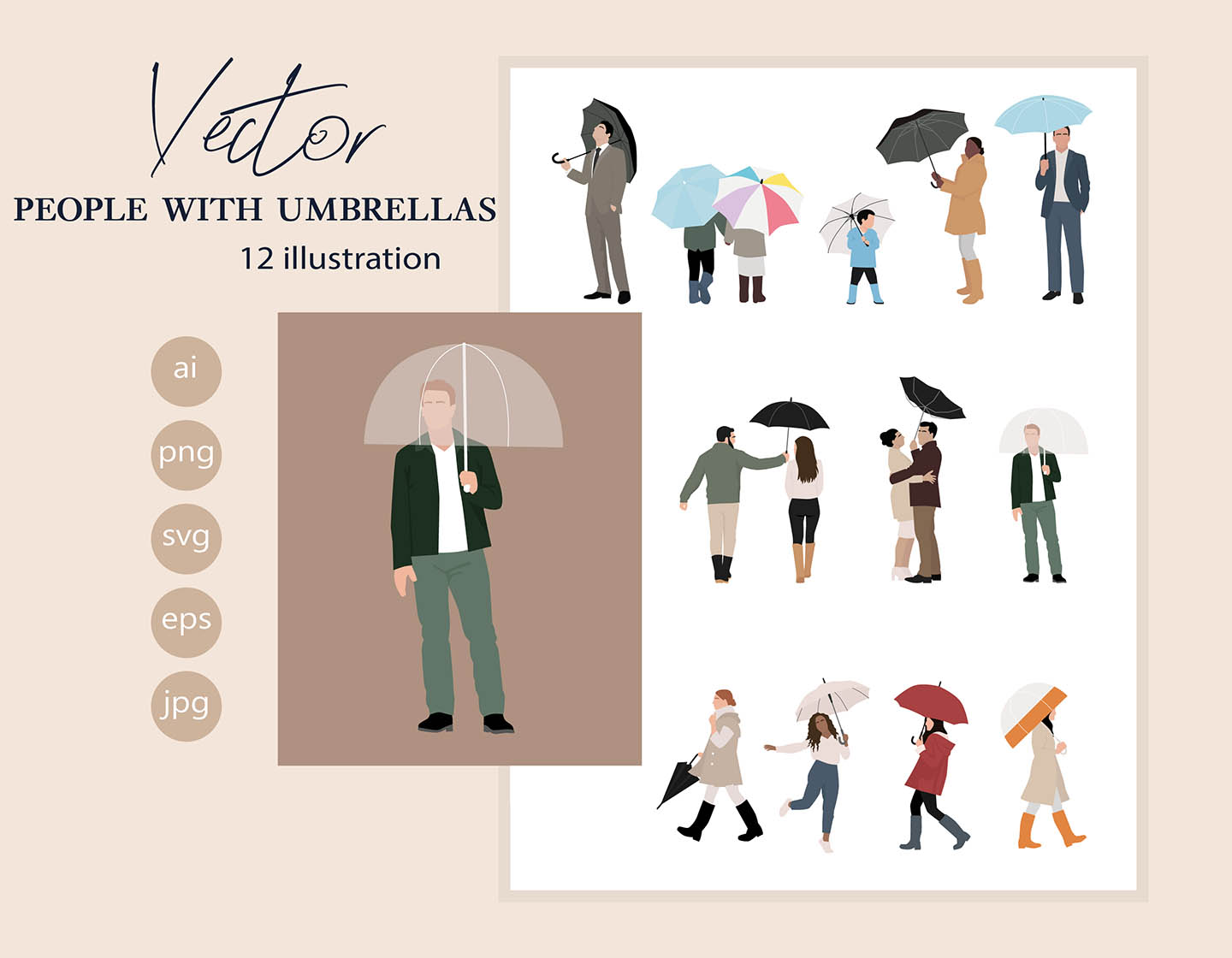 People with Umbrellas - Vector Illustration
