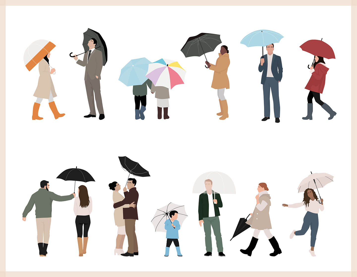 People with Umbrellas - Vector Illustration - 1
